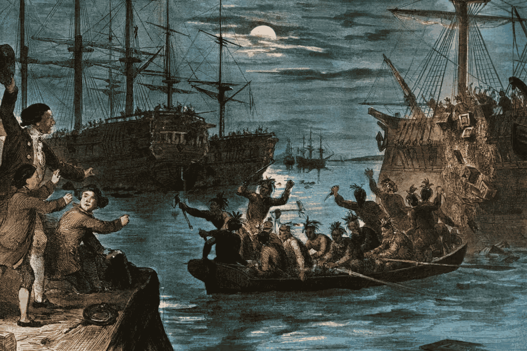 Boston Tea Party scene with colonists dumping tea chests into Boston Harbor in 1773 featuring historic Bohea, Hyson, Congou, Souchong, and Singlo teas