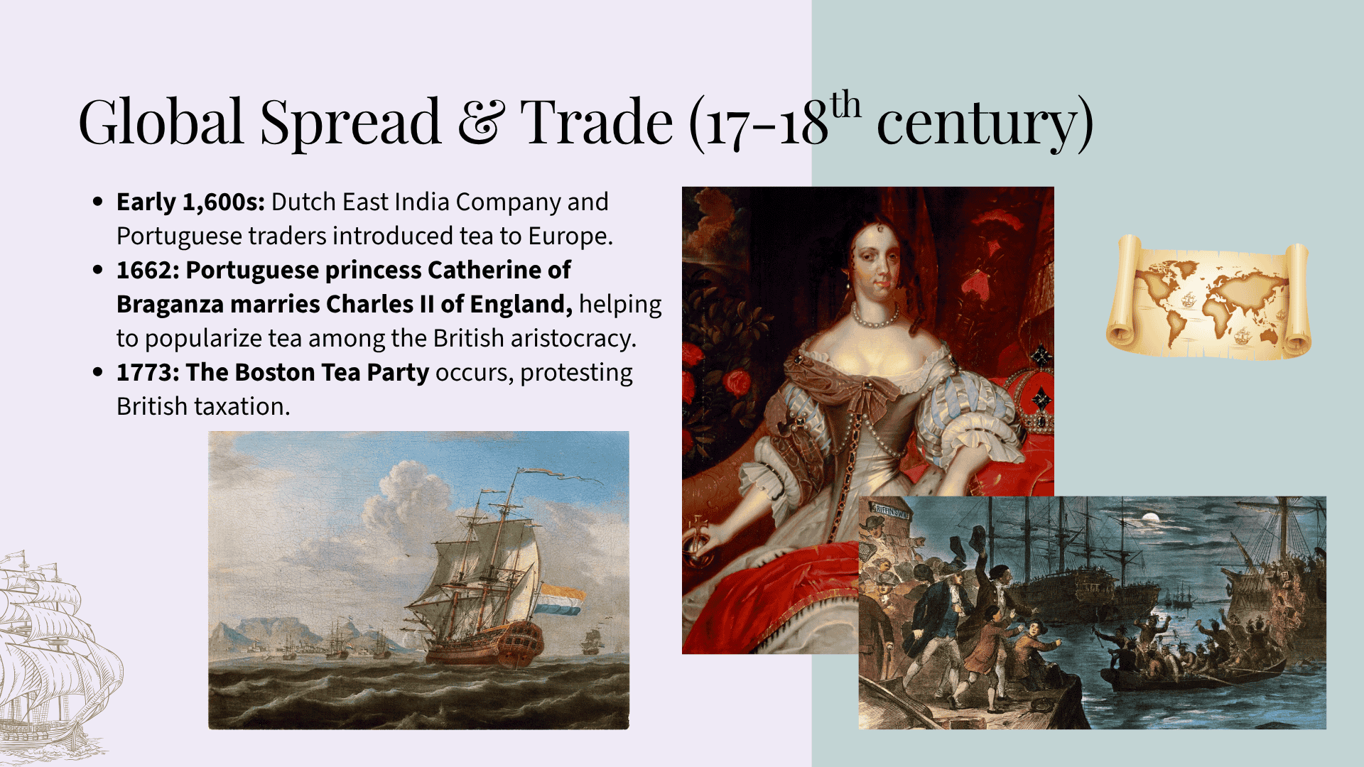 Colonial American tea table with imported tea chest and protest documents showing how tea became political before the Boston Tea Party