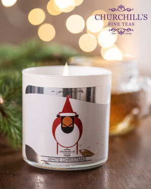 Exclusive limited edition: Churchill’s tea scented candle & White Christmas Tea holiday gift set paired with Charley Harper’s Cardinal Claus (newly released adaptation)