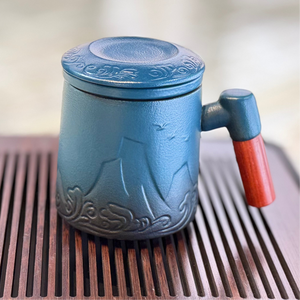 Ceramic Tea Mug with Lid, Infuser, and Wooden Handle - 12oz