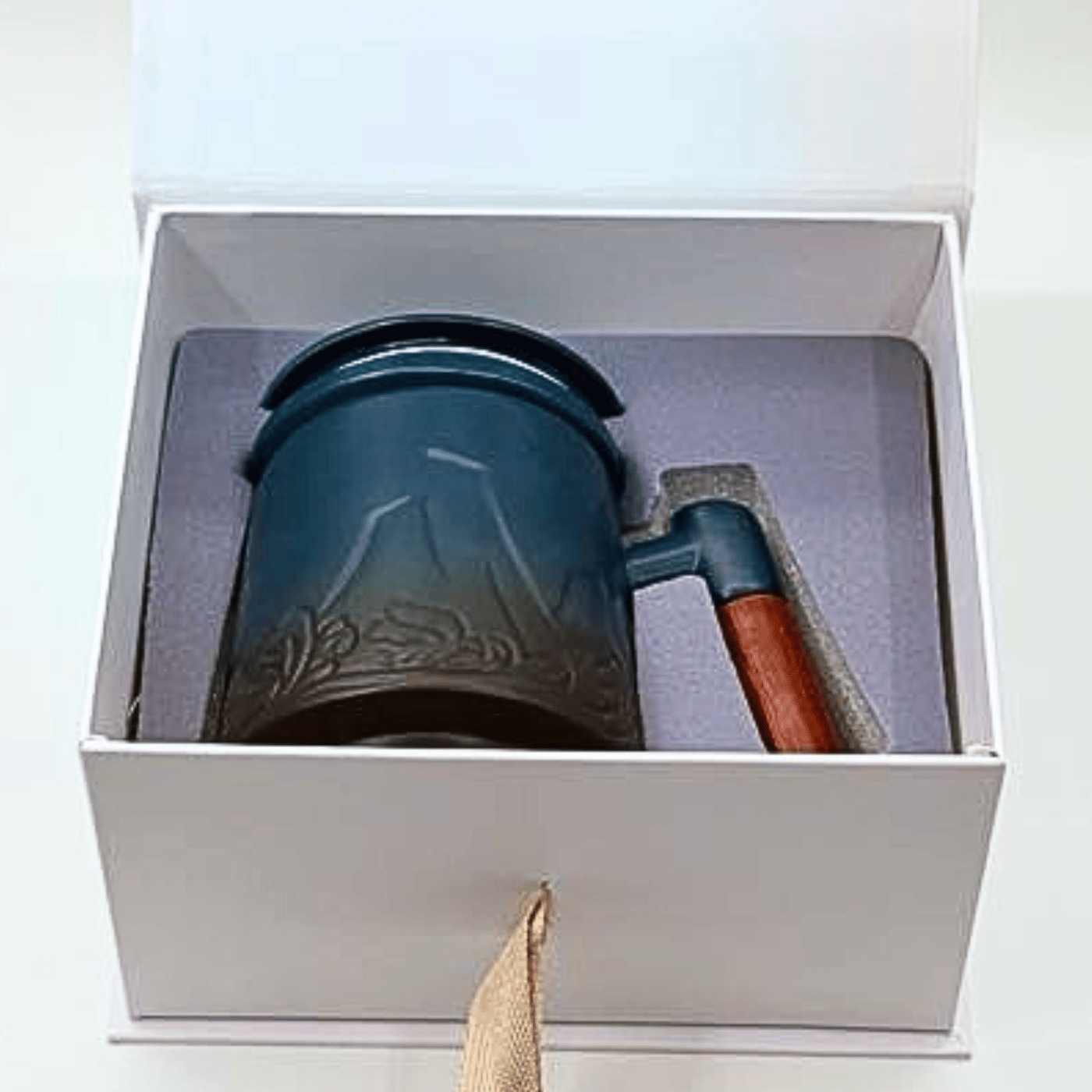 Ceramic Tea Mug with Lid, Infuser, and Wooden Handle - 12oz