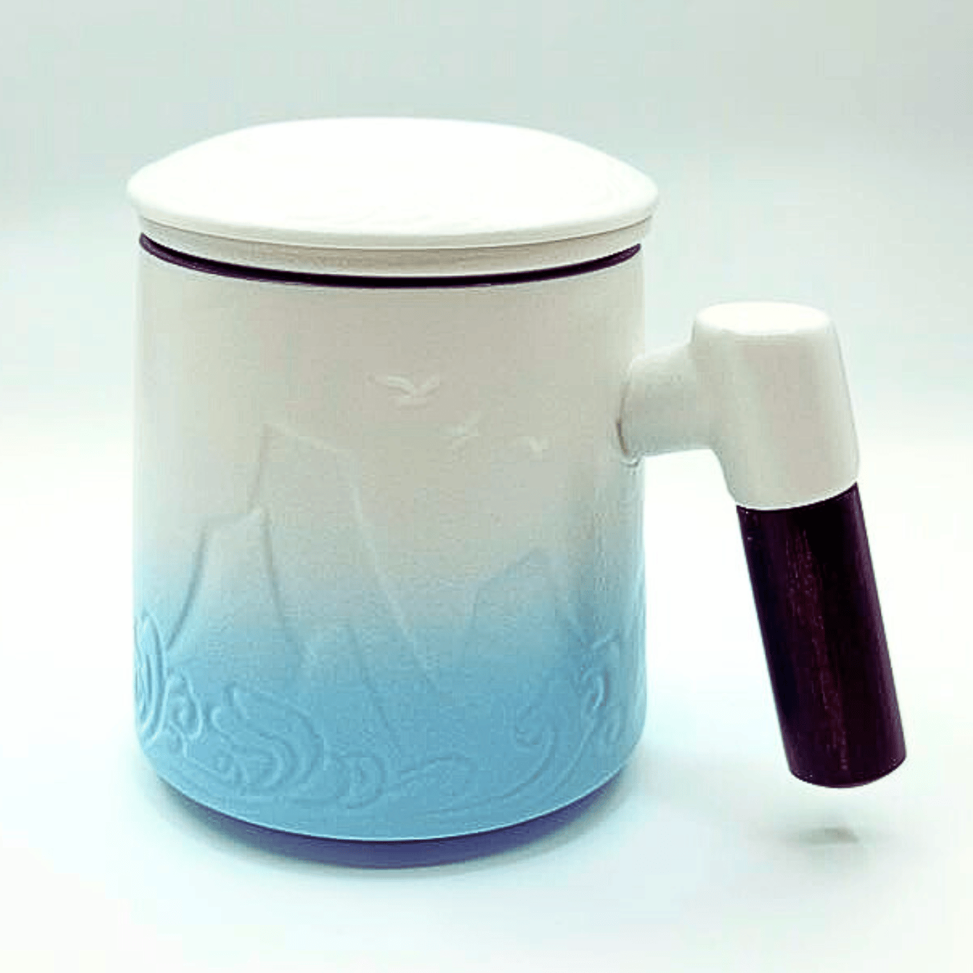 Ceramic Tea Mug with Lid, Infuser, and Wooden Handle - 12oz