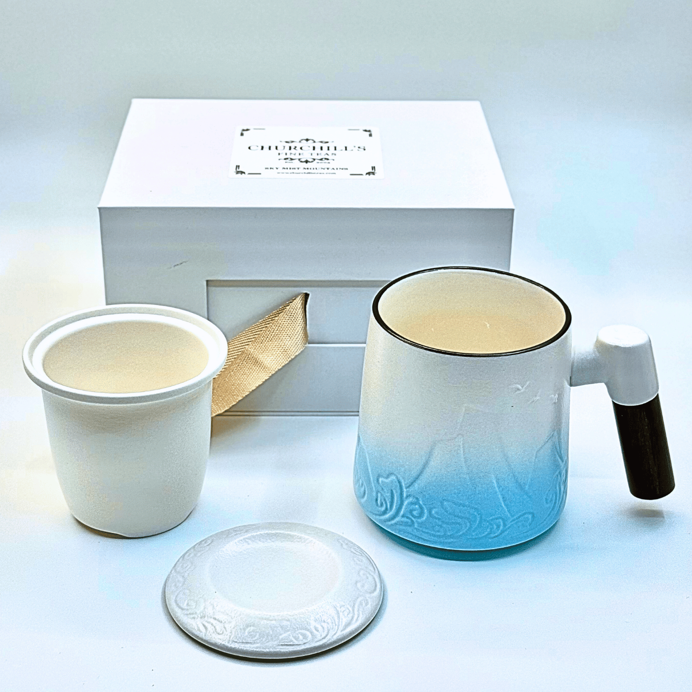 Ceramic Tea Mug with Lid, Infuser, and Wooden Handle - 12oz