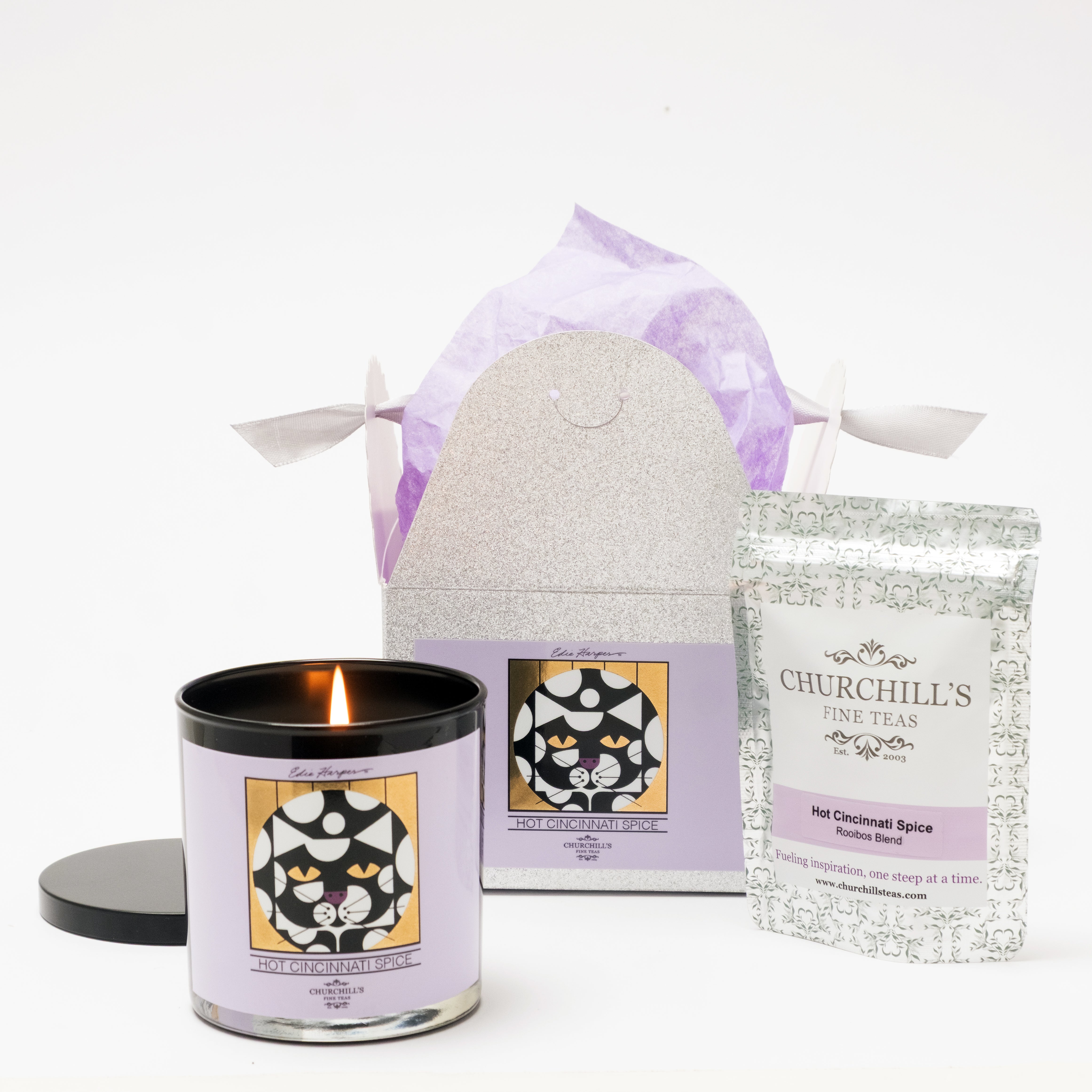 Exclusive limited edition: Churchill’s tea scented candle & Hot Cincinnati Spice Rooibos holiday gift set paired with Edie Harper’s Magnificat (metallic print)