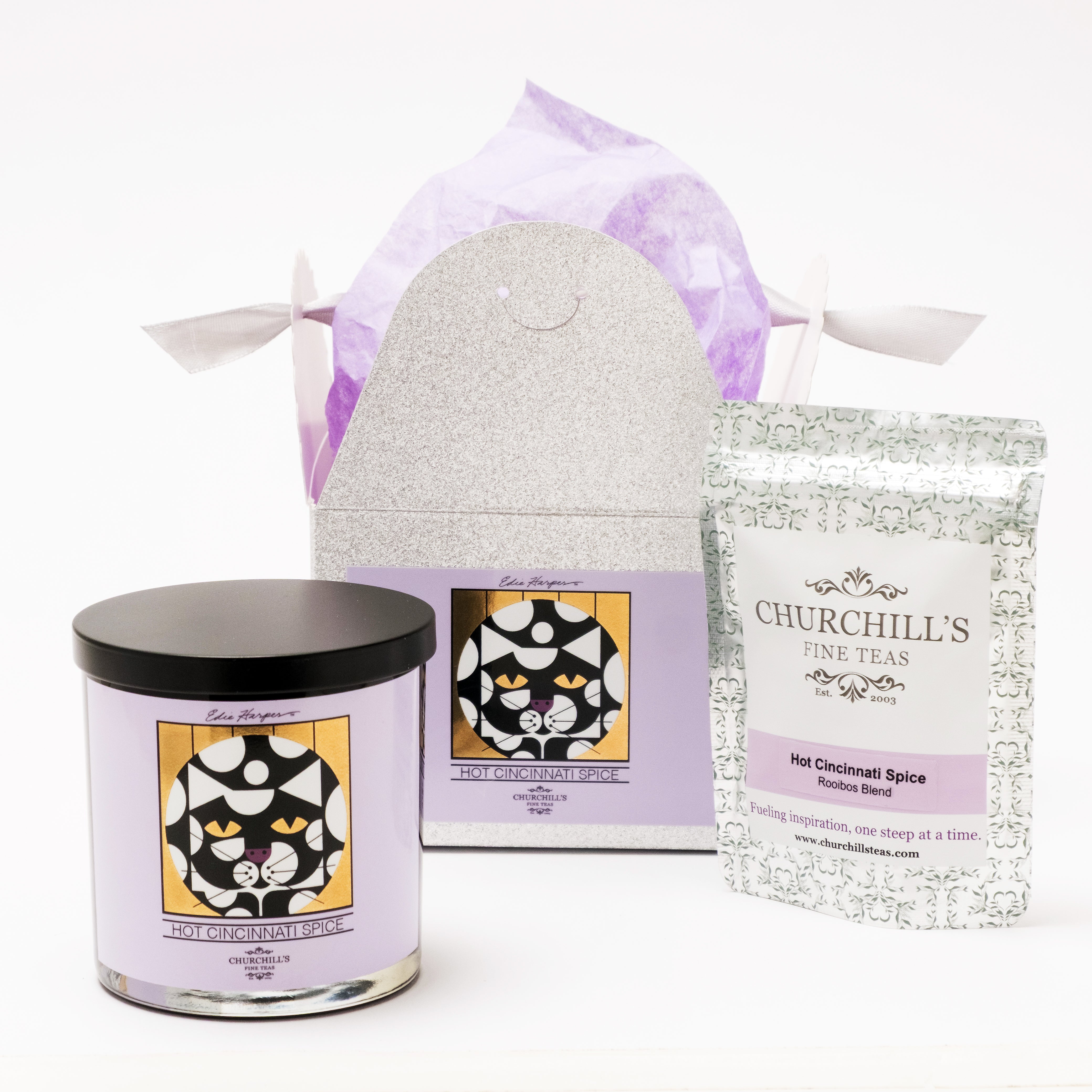 Exclusive limited edition: Churchill’s tea scented candle & Hot Cincinnati Spice Rooibos holiday gift set paired with Edie Harper’s Magnificat (metallic print)