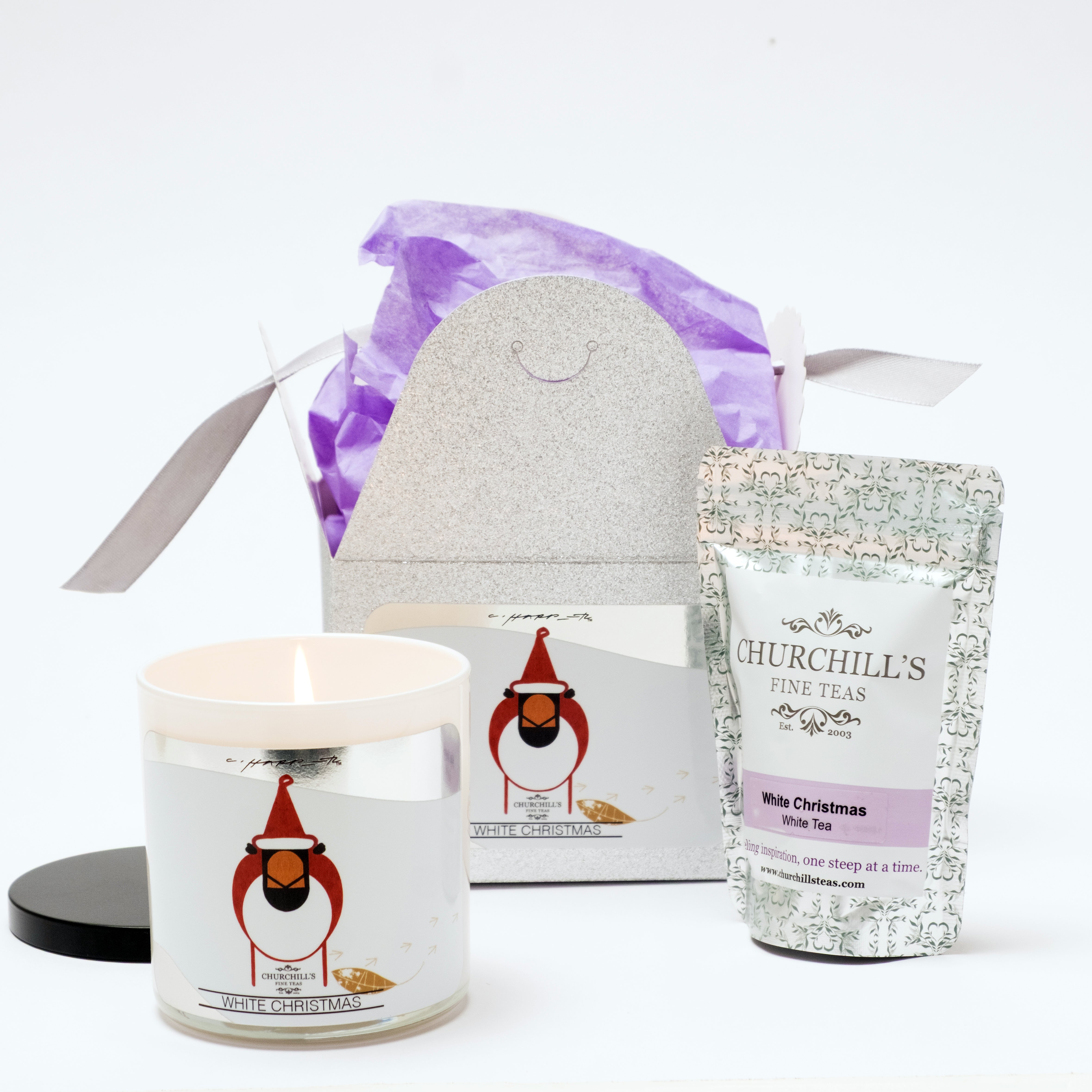 Exclusive limited edition: Churchill’s tea scented candle & White Christmas Tea holiday gift set paired with Charley Harper’s Cardinal Claus (newly released adaptation)