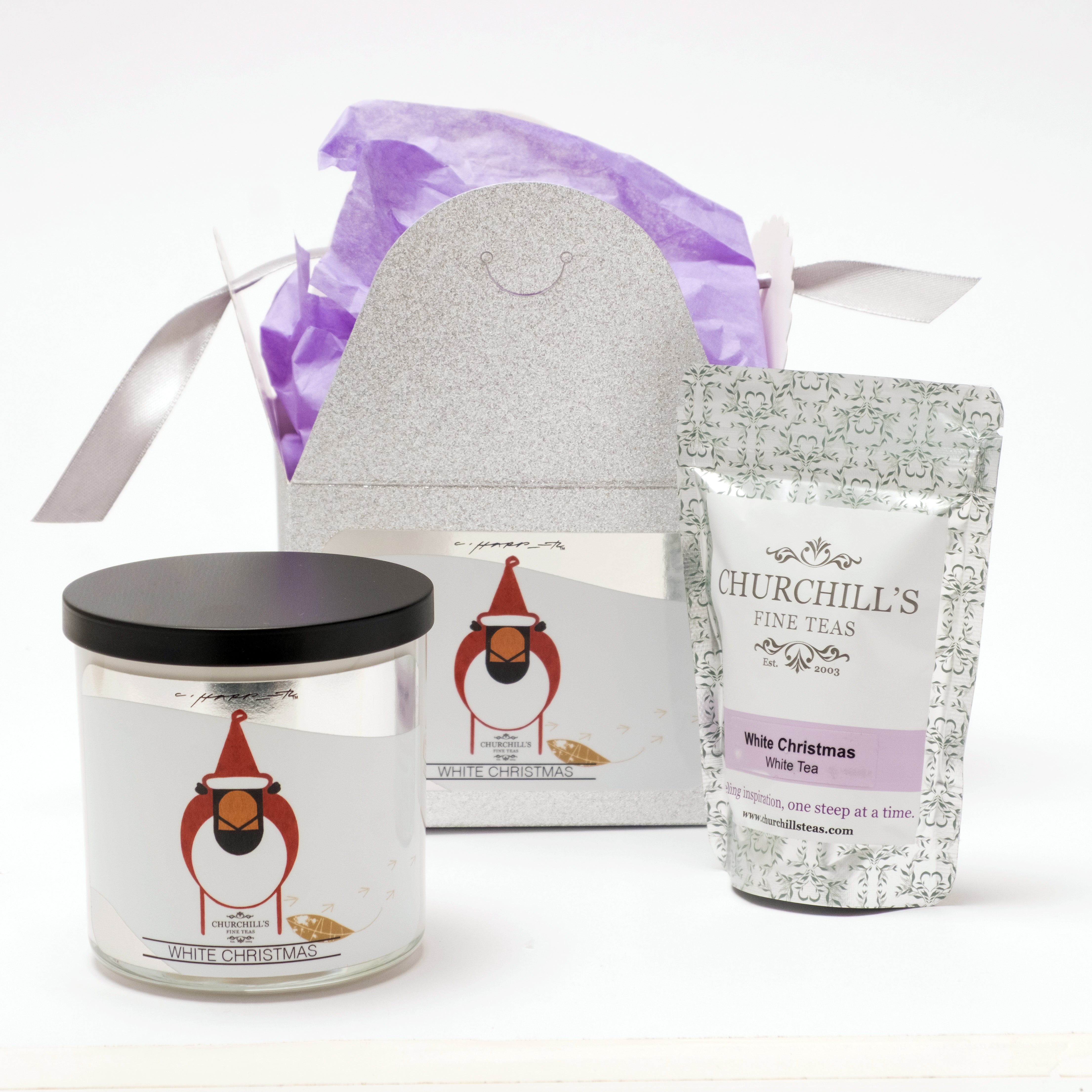 Exclusive limited edition: Churchill’s tea scented candle & White Christmas Tea holiday gift set paired with Charley Harper’s Cardinal Claus (newly released adaptation)