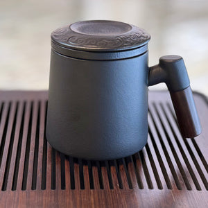 Ceramic Tea Mug with Lid, Infuser, and Wooden Handle - 12oz