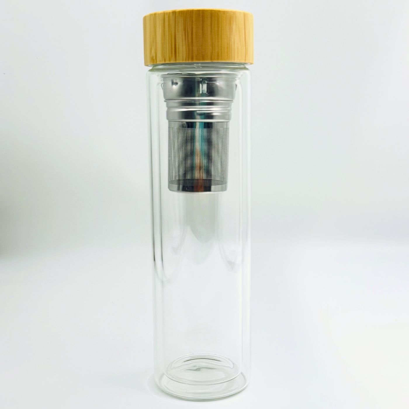 Double Wall Borosilicate Glass Tea Infuser Bottle with Bamboo Lid – 16 oz